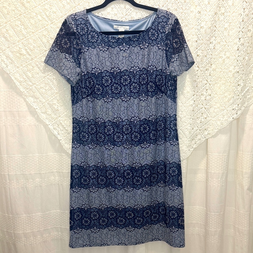 London Times Light Blue Navy Gray Lace Overlay Sheath Dress